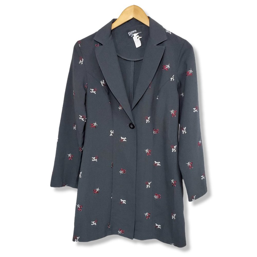 Vintage 80's Dawn Joy Fashions Charcoal Grey Embroidered Long Blazer Size 8